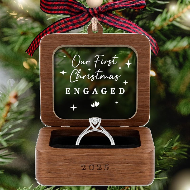 TEEBIM Engagement Ornament 2025 - Engagement Gifts for Couples, Women, Her, Bride to Be, Newly Engaged Gifts for Her - Fiance Gift for Women - 2D Wood Acrylic Our First Christmas Engaged Ornament 2025 - Image 1
